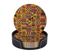 FEYUNYAN Leather Drink Coasters Set Of 6, Pu Leather Round Coaster With Storage Box, African Tribal, Drink Coasters For Dining Table Office Decor, Heat-Resistant Round Beverage Pads For Home Kitchen