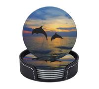 FEYUNYAN Leather Drink Coasters Set Of 6, Pu Leather Round Coaster With Storage Box, Cute Dolphin, Drink Coasters For Dining Table Office Decor, Heat-Resistant Round Beverage Pads For Home Kitchen