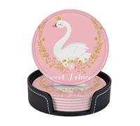 FEYUNYAN Leather Drink Coasters Set Of 6, Pu Leather Round Coaster With Storage Box, Cute Swan, Drink Coasters For Dining Table Office Decor, Heat-Resistant Round Beverage Pads For Home Kitchen