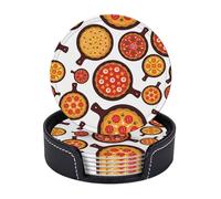 FEYUNYAN Leather Drink Coasters Set Of 6, Pu Leather Round Coaster With Storage Box, Pizza Food, Drink Coasters For Dining Table Office Decor, Heat-Resistant Round Beverage Pads For Home Kitchen