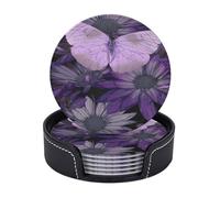 FEYUNYAN Leather Drink Coasters Set Of 6, Pu Leather Round Coaster With Storage Box, Purple Butterfly, Drink Coasters For Dining Table Office Decor, Heat-Resistant Round Beverage Pads For Home Kitchen