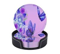 FEYUNYAN Leather Drink Coasters Set Of 6, Pu Leather Round Coaster With Storage Box, Purple Butterfly, Drink Coasters For Dining Table Office Decor, Heat-Resistant Round Beverage Pads For Home Kitchen