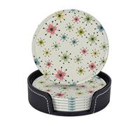FEYUNYAN Leather Drink Coasters Set Of 6, Pu Leather Round Coaster With Storage Box, Stars, Drink Coasters For Dining Table Office Decor, Heat-Resistant Round Beverage Pads For Home Kitchen