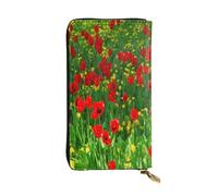 FEYUNYAN Leather Long Clutch Wallet for Women, Large Capacity ID Card Organizer with Zipper Pocket, Red Poppy Field Farm Women Purse, Long Wallet Clutch for Ladies (Travel, Office, Everyday Use)