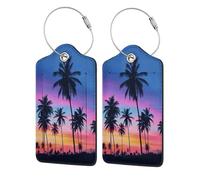 FEYUNYAN Leather Luggage Tags with Privacy Flap, 4 Pcs Travel Id Bag Tags, Palm Trees, Waterproof Suitcase Name Badge Holders with Stainless Steel Loop for Travel, Backpack, Luggage Identification
