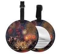 FEYUNYAN Pu Leather Luggage Tags for Suitcases 1 PCS, Round Suitcase Id Tags with Privacy Protection, Fireworks, Travel Bag Name Tags for Women Men, Durable Personalized Travel Accessories