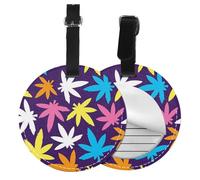 FEYUNYAN Pu Leather Luggage Tags for Suitcases 4 Pcs, Round Suitcase Id Tags with Privacy Protection, Bright Colorful Weed, Travel Bag Name Tags for Women Men, Durable Personalized Travel Accessories