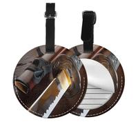 FEYUNYAN Pu Leather Luggage Tags for Suitcases 4 Pcs, Round Suitcase Id Tags with Privacy Protection, Japan Samurai Sword, Travel Bag Name Tags for Women Men, Durable Personalized Travel Accessories