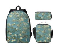 FEYUNYAN School Backpack for Girls and Boys, Almond Blossom Print School Bag Set of 3, 15 Inch Laptop Backpack, Insulated Lunch Bag, Pencil Case, Middle Schoolbag for Teen Youth Students