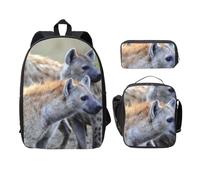 FEYUNYAN School Backpack for Girls and Boys, Animals Hyena Print School Bag Set of 3, 15 Inch Laptop Backpack, Insulated Lunch Bag, Pencil Case, Middle Schoolbag for Teen Youth Students