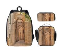 FEYUNYAN School Backpack for Girls and Boys, Architecture Streets Houses Print School Bag Set of 3, 15 Inch Laptop Backpack, Insulated Lunch Bag, Pencil Case, Middle Schoolbag for Teen Youth Students