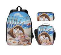 FEYUNYAN School Backpack for Girls and Boys, Beach Flying Seagull Print School Bag Set of 3, 15 Inch Laptop Backpack, Insulated Lunch Bag, Pencil Case, Middle Schoolbag for Teen Youth Students