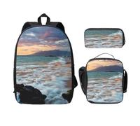 FEYUNYAN School Backpack for Girls and Boys, Beach Hawaii Sunset Clouds Print School Bag Set of 3, 15 Inch Laptop Backpack, Insulated Lunch Bag, Pencil Case, Middle Schoolbag for Teen Youth Students