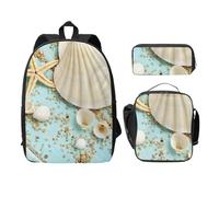 FEYUNYAN School Backpack for Girls and Boys, Beach Seashells Print School Bag Set of 3, 15 Inch Laptop Backpack, Insulated Lunch Bag, Pencil Case, Middle Schoolbag for Teen Youth Students