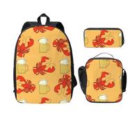 FEYUNYAN School Backpack for Girls and Boys, Beer Crawfish Print School Bag Set of 3, 15 Inch Laptop Backpack, Insulated Lunch Bag, Pencil Case, Middle Schoolbag for Teen Youth Students