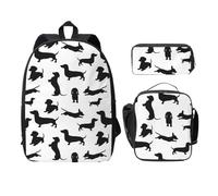 FEYUNYAN School Backpack for Girls and Boys, Black Dogs Dachshund Dog Print School Bag Set of 3, 15 Inch Laptop Backpack, Insulated Lunch Bag, Pencil Case, Middle Schoolbag for Teen Youth Students