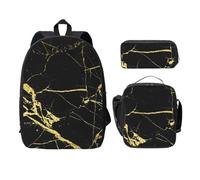 FEYUNYAN School Backpack for Girls and Boys, Black Gold Marble Print School Bag Set of 3, 15 Inch Laptop Backpack, Insulated Lunch Bag, Pencil Case, Middle Schoolbag for Teen Youth Students
