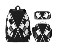 FEYUNYAN School Backpack for Girls and Boys, Black White Checkered Flags Print School Bag Set of 3, 15 Inch Laptop Backpack, Insulated Lunch Bag, Pencil Case, Middle Schoolbag for Teen Youth Students