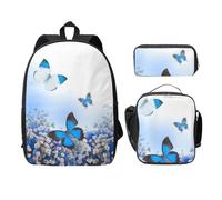 FEYUNYAN School Backpack for Girls and Boys, Blue Butterfly Print School Bag Set of 3, 15 Inch Laptop Backpack, Insulated Lunch Bag, Pencil Case, Middle Schoolbag for Teen Youth Students