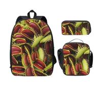 FEYUNYAN School Backpack for Girls and Boys, Carnivorous Plant Print School Bag Set of 3, 15 Inch Laptop Backpack, Insulated Lunch Bag, Pencil Case, Middle Schoolbag for Teen Youth Students