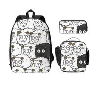 FEYUNYAN School Backpack for Girls and Boys, Cartoon Black White Sheep Print School Bag Set of 3, 15 Inch Laptop Backpack, Insulated Lunch Bag, Pencil Case, Middle Schoolbag for Teen Youth Students