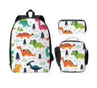 FEYUNYAN School Backpack for Girls and Boys, Colorful Dinosaurs Print School Bag Set of 3, 15 Inch Laptop Backpack, Insulated Lunch Bag, Pencil Case, Middle Schoolbag for Teen Youth Students
