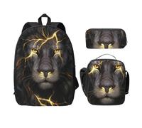 FEYUNYAN School Backpack for Girls and Boys, Cool Lion Print School Bag Set of 3, 15 Inch Laptop Backpack, Insulated Lunch Bag, Pencil Case, Middle Schoolbag for Teen Youth Students