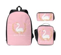 FEYUNYAN School Backpack for Girls and Boys, Cute Swan Print School Bag Set of 3, 15 Inch Laptop Backpack, Insulated Lunch Bag, Pencil Case, Middle Schoolbag for Teen Youth Students