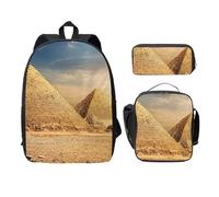 FEYUNYAN School Backpack for Girls and Boys, Egyptian Pyramid in Desert Print School Bag Set of 3, 15 Inch Laptop Backpack, Insulated Lunch Bag, Pencil Case, Middle Schoolbag for Teen Youth Students