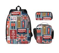 FEYUNYAN School Backpack for Girls and Boys, England Symbols Print School Bag Set of 3, 15 Inch Laptop Backpack, Insulated Lunch Bag, Pencil Case, Middle Schoolbag for Teen Youth Students