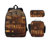 FEYUNYAN School Backpack for Girls and Boys, Fantasy Pirate Ship Print School Bag Set of 3, 15 Inch Laptop Backpack, Insulated Lunch Bag, Pencil Case, Middle Schoolbag for Teen Youth Students