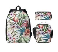 FEYUNYAN School Backpack for Girls and Boys, Flamingo and Flowers Print School Bag Set of 3, 15 Inch Laptop Backpack, Insulated Lunch Bag, Pencil Case, Middle Schoolbag for Teen Youth Students
