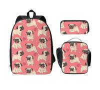 FEYUNYAN School Backpack for Girls and Boys, Funny Cartoon Pug Puppy Dog Print School Bag Set of 3, 15 Inch Laptop Backpack, Insulated Lunch Bag, Pencil Case, Middle Schoolbag for Teen Youth Students