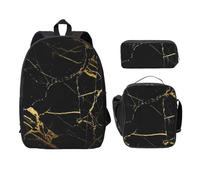 FEYUNYAN School Backpack for Girls and Boys, Gold Black Wallpaper Print School Bag Set of 3, 15 Inch Laptop Backpack, Insulated Lunch Bag, Pencil Case, Middle Schoolbag for Teen Youth Students