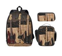 FEYUNYAN School Backpack for Girls and Boys, Guitar Bass Print School Bag Set of 3, 15 Inch Laptop Backpack, Insulated Lunch Bag, Pencil Case, Middle Schoolbag for Teen Youth Students