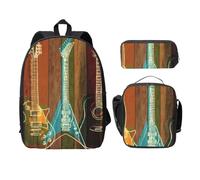 FEYUNYAN School Backpack for Girls and Boys, Guitars Art Print School Bag Set of 3, 15 Inch Laptop Backpack, Insulated Lunch Bag, Pencil Case, Middle Schoolbag for Teen Youth Students