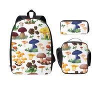 FEYUNYAN School Backpack for Girls and Boys, Japanese Painting Mushroom Print School Bag Set of 3, 15 Inch Laptop Backpack, Insulated Lunch Bag, Pencil Case, Middle Schoolbag for Teen Youth Students