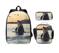 FEYUNYAN School Backpack for Girls and Boys, Killer Whale Print School Bag Set of 3, 15 Inch Laptop Backpack, Insulated Lunch Bag, Pencil Case, Middle Schoolbag for Teen Youth Students