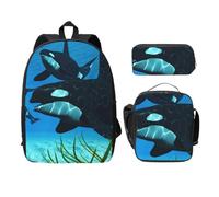 FEYUNYAN School Backpack for Girls and Boys, Killer Whales Swim Along Print School Bag Set of 3, 15 Inch Laptop Backpack, Insulated Lunch Bag, Pencil Case, Middle Schoolbag for Teen Youth Students