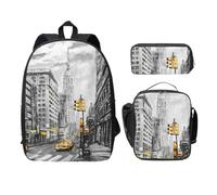 FEYUNYAN School Backpack for Girls and Boys, Love from New York Print School Bag Set of 3, 15 Inch Laptop Backpack, Insulated Lunch Bag, Pencil Case, Middle Schoolbag for Teen Youth Students