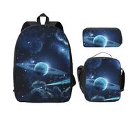 FEYUNYAN School Backpack for Girls and Boys, Moon Stars and Planets Print School Bag Set of 3, 15 Inch Laptop Backpack, Insulated Lunch Bag, Pencil Case, Middle Schoolbag for Teen Youth Students