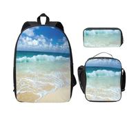 FEYUNYAN School Backpack for Girls and Boys, Serene Coastal Print School Bag Set of 3, 15 Inch Laptop Backpack, Insulated Lunch Bag, Pencil Case, Middle Schoolbag for Teen Youth Students