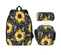 FEYUNYAN School Backpack for Girls and Boys, Sunflower Bees Print School Bag Set of 3, 15 Inch Laptop Backpack, Insulated Lunch Bag, Pencil Case, Middle Schoolbag for Teen Youth Students