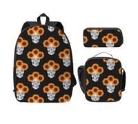 FEYUNYAN School Backpack for Girls and Boys, Sunflower Halloween Skull Print School Bag Set of 3, 15 Inch Laptop Backpack, Insulated Lunch Bag, Pencil Case, Middle Schoolbag for Teen Youth Students