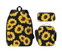 FEYUNYAN School Backpack for Girls and Boys, Sunflower Print School Bag Set of 3, 15 Inch Laptop Backpack, Insulated Lunch Bag, Pencil Case, Middle Schoolbag for Teen Youth Students
