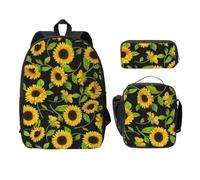 FEYUNYAN School Backpack for Girls and Boys, Sunflower Print School Bag Set of 3, 15 Inch Laptop Backpack, Insulated Lunch Bag, Pencil Case, Middle Schoolbag for Teen Youth Students