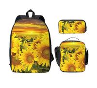 FEYUNYAN School Backpack for Girls and Boys, Sunflower Print School Bag Set of 3, 15 Inch Laptop Backpack, Insulated Lunch Bag, Pencil Case, Middle Schoolbag for Teen Youth Students