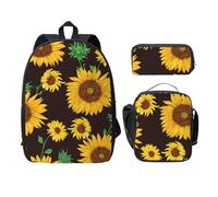 FEYUNYAN School Backpack for Girls and Boys, Sunflower Print School Bag Set of 3, 15 Inch Laptop Backpack, Insulated Lunch Bag, Pencil Case, Middle Schoolbag for Teen Youth Students
