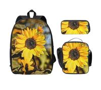 FEYUNYAN School Backpack for Girls and Boys, Sunflower Print School Bag Set of 3, 15 Inch Laptop Backpack, Insulated Lunch Bag, Pencil Case, Middle Schoolbag for Teen Youth Students
