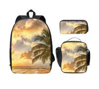 FEYUNYAN School Backpack for Girls and Boys, Sunset Hawaiian Palm Tree Print School Bag Set of 3, 15 Inch Laptop Backpack, Insulated Lunch Bag, Pencil Case, Middle Schoolbag for Teen Youth Students